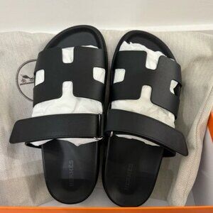 Hermes Womens Chypre Black Calfskin Sandals Size 37 Brand New In Box